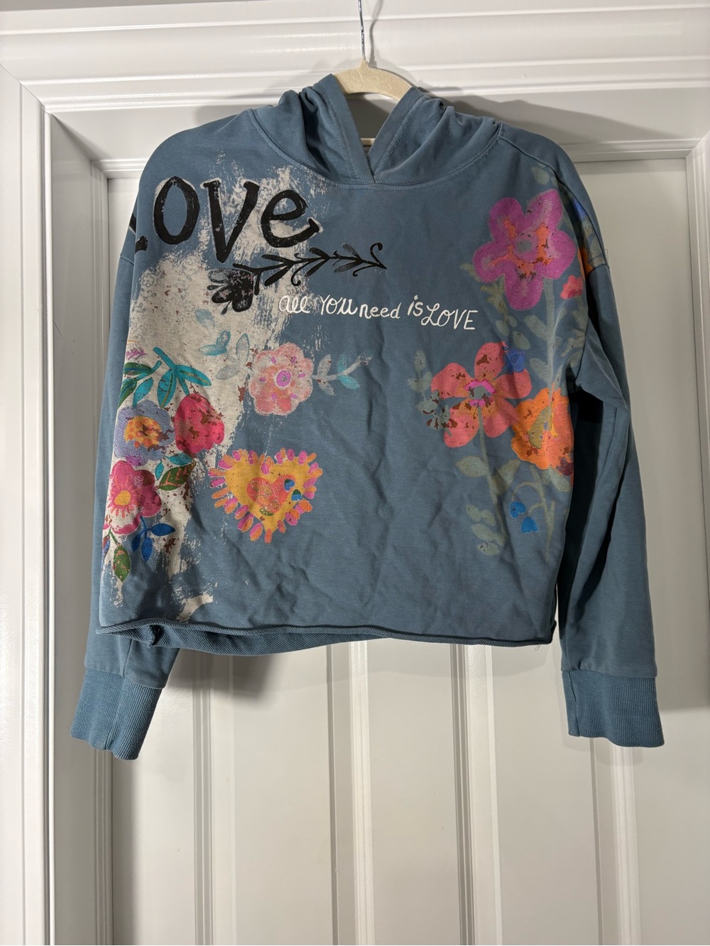 Women's Blue Floral 'Love' Cropped Hoodie
